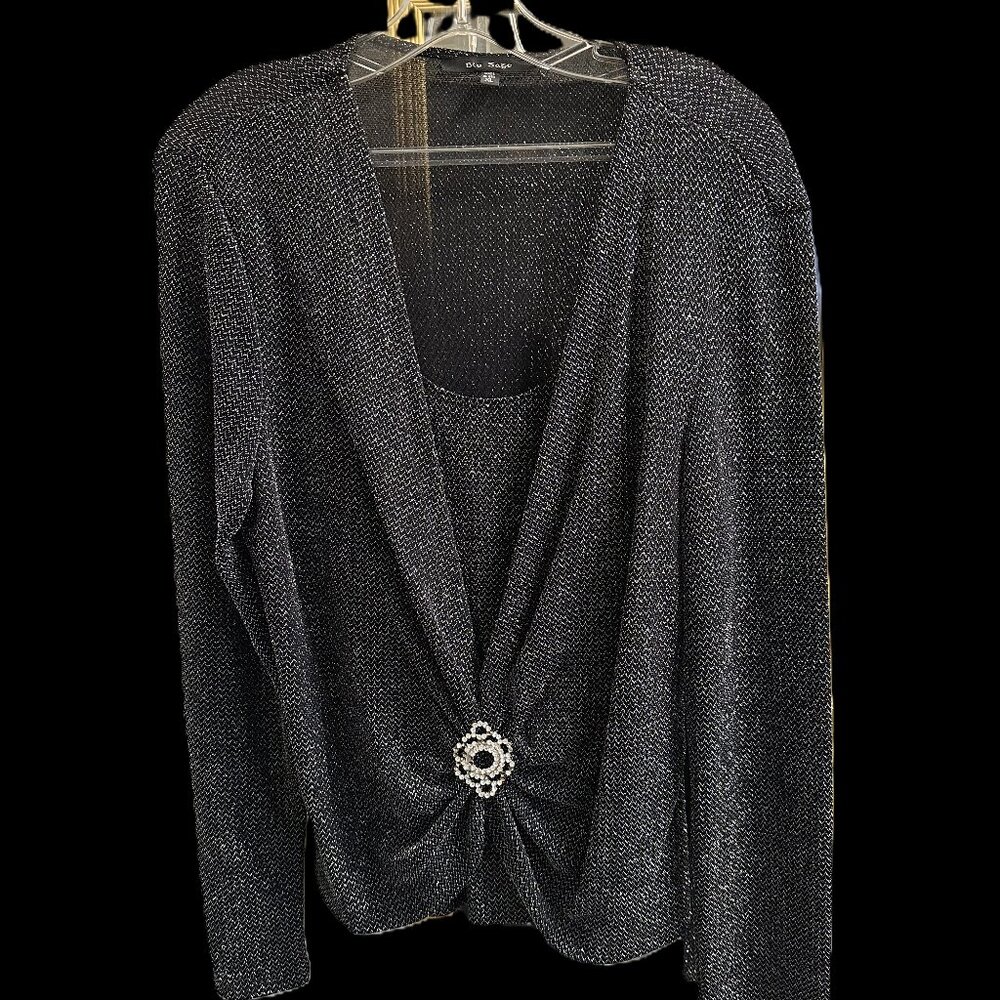 BLU SAGE Shimmering Silver Twin Set, Formal, 2pc Set with Bling Brooch, XXL